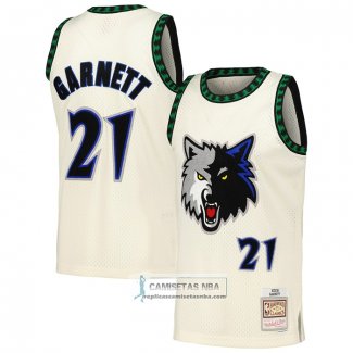 Camiseta Minnesota Timberwolves Kevin Garnett NO 21 Mitchell & Ness Chainstitch Crema