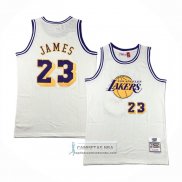 Camiseta Los Angeles Lakers Lebron James NO 23 Mitchell & Ness Chainstitch Crema