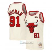 Camiseta Chicago Bulls Dennis Rodman NO 91 Mitchell & Ness Chainstitch Crema