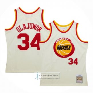 Camiseta Houston Rockets Hakeem Olajuwon NO 32 Mitchell & Ness Chainstitch Crema